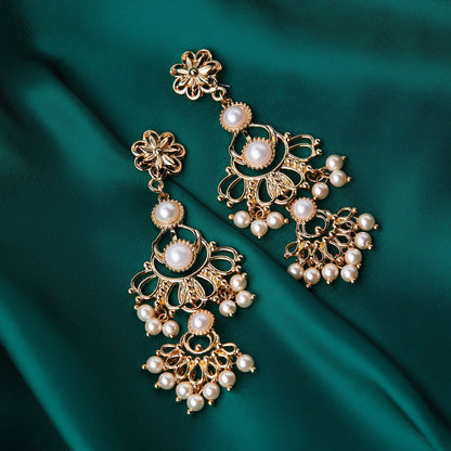 Gold Pearl Floral Long Drop Earring