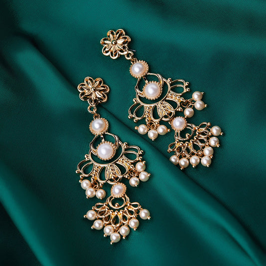 Gold Pearl Floral Long Drop Earring