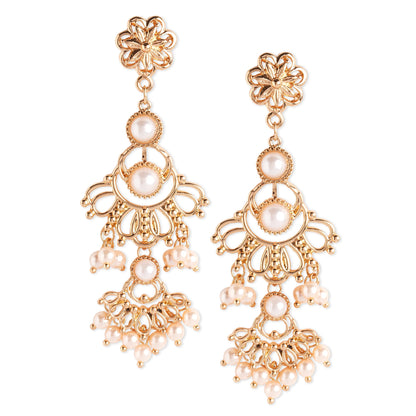 Gold Pearl Floral Long Drop Earring