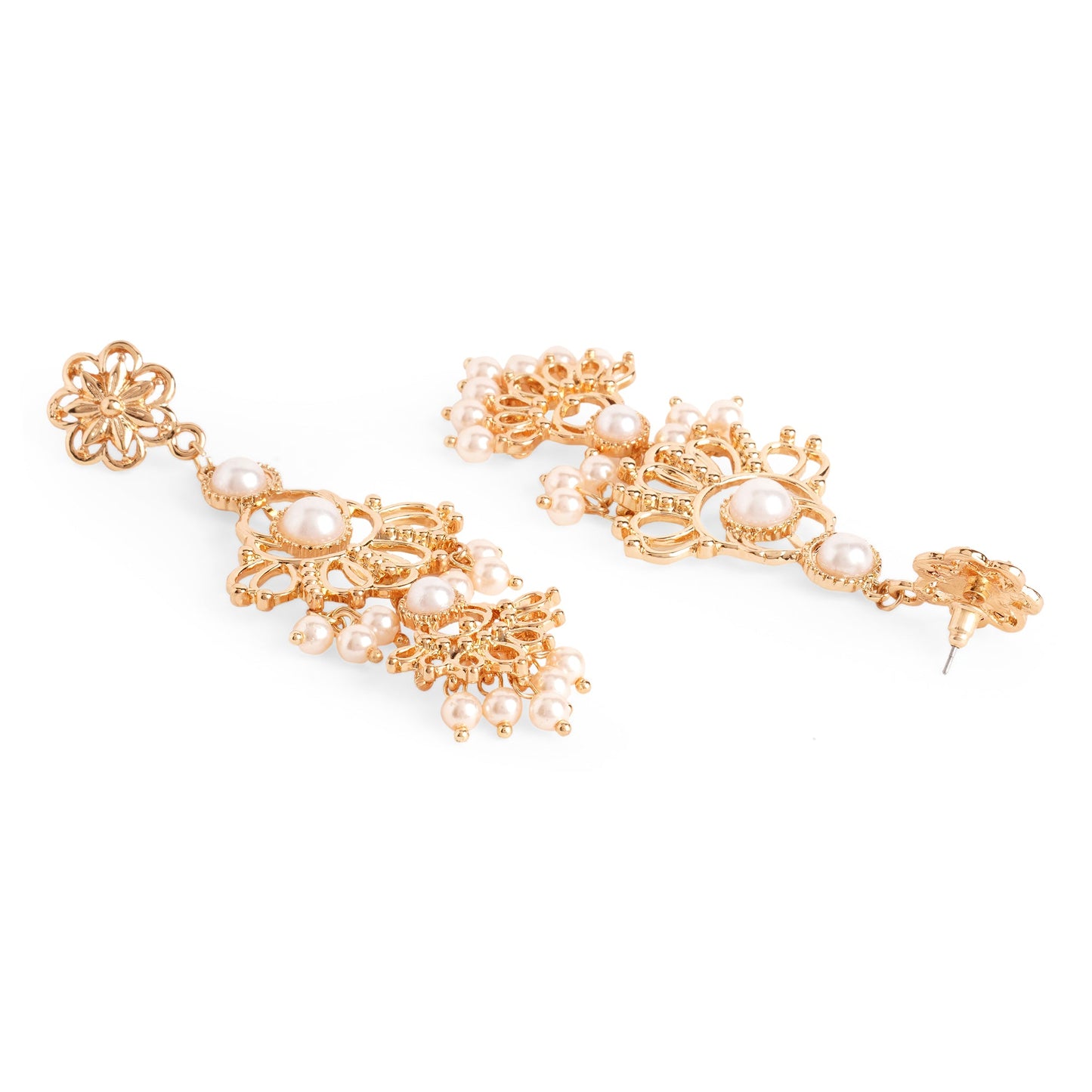 Gold Pearl Floral Long Drop Earring