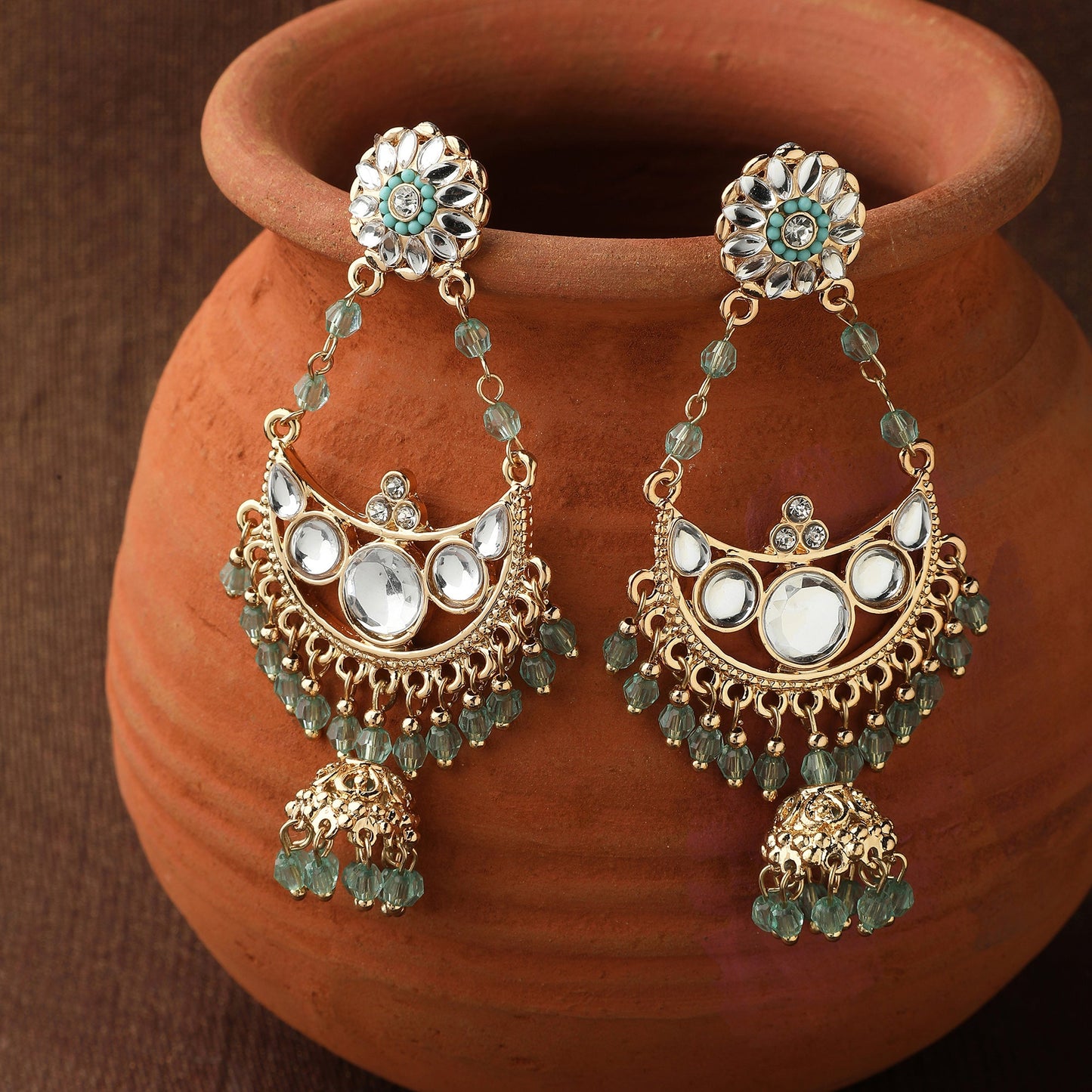 Green Kundan Chandbalis Earring