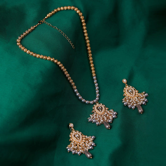 Gold Grey Long Drop Pearl Jewelry Set