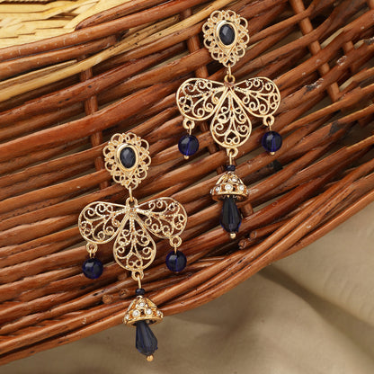Navy Filigree Long Drop Earring