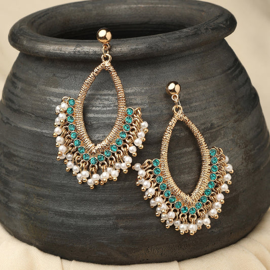 Gold Pearl Long Drop Earrings