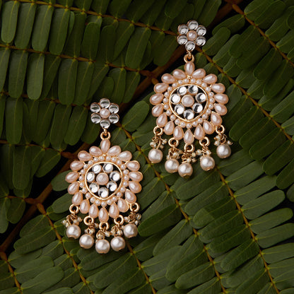 Gold Kundan Pearl Long Drop Earrings