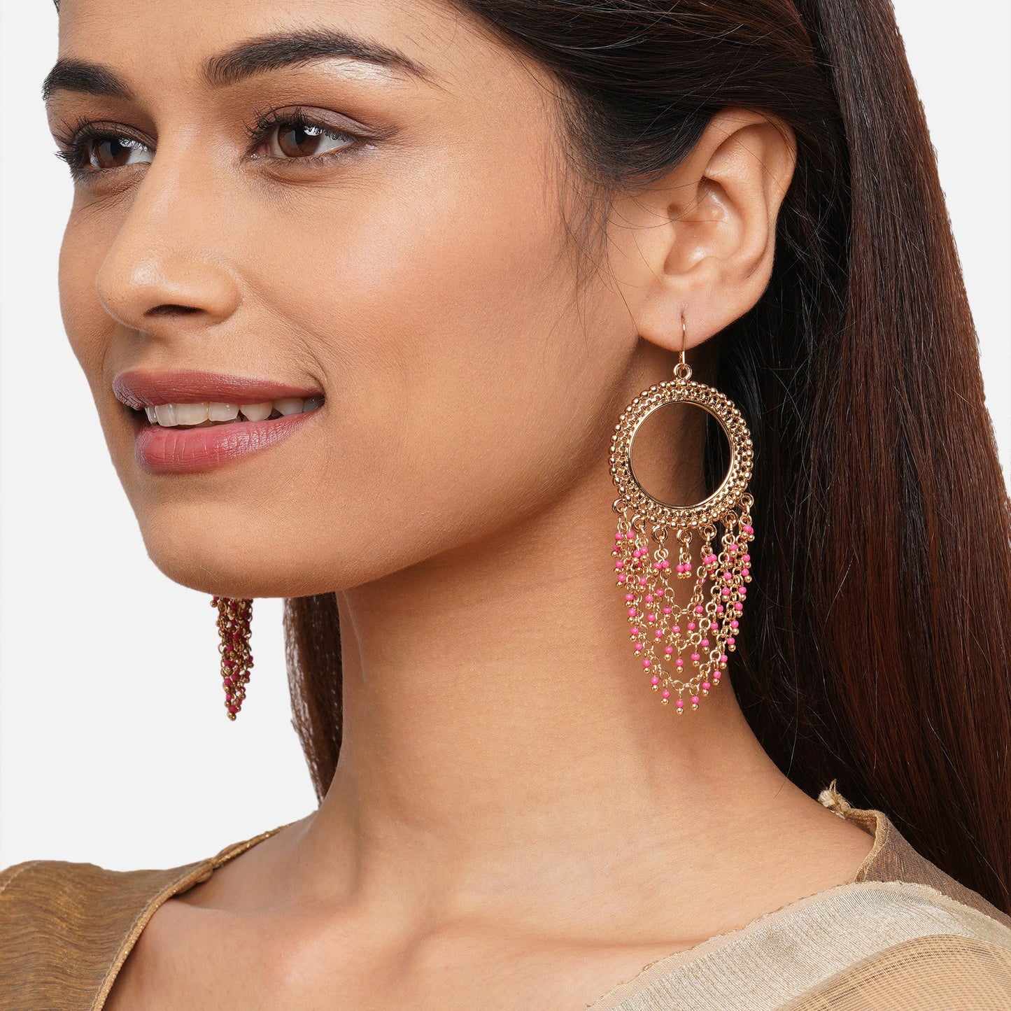 Pink Bead Multi Layer Long Drop Earring