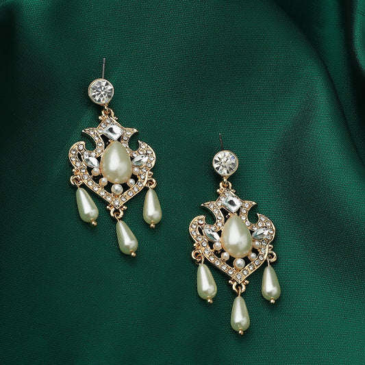Gold Tear Drop Pearl Diamond Short Drop Earring