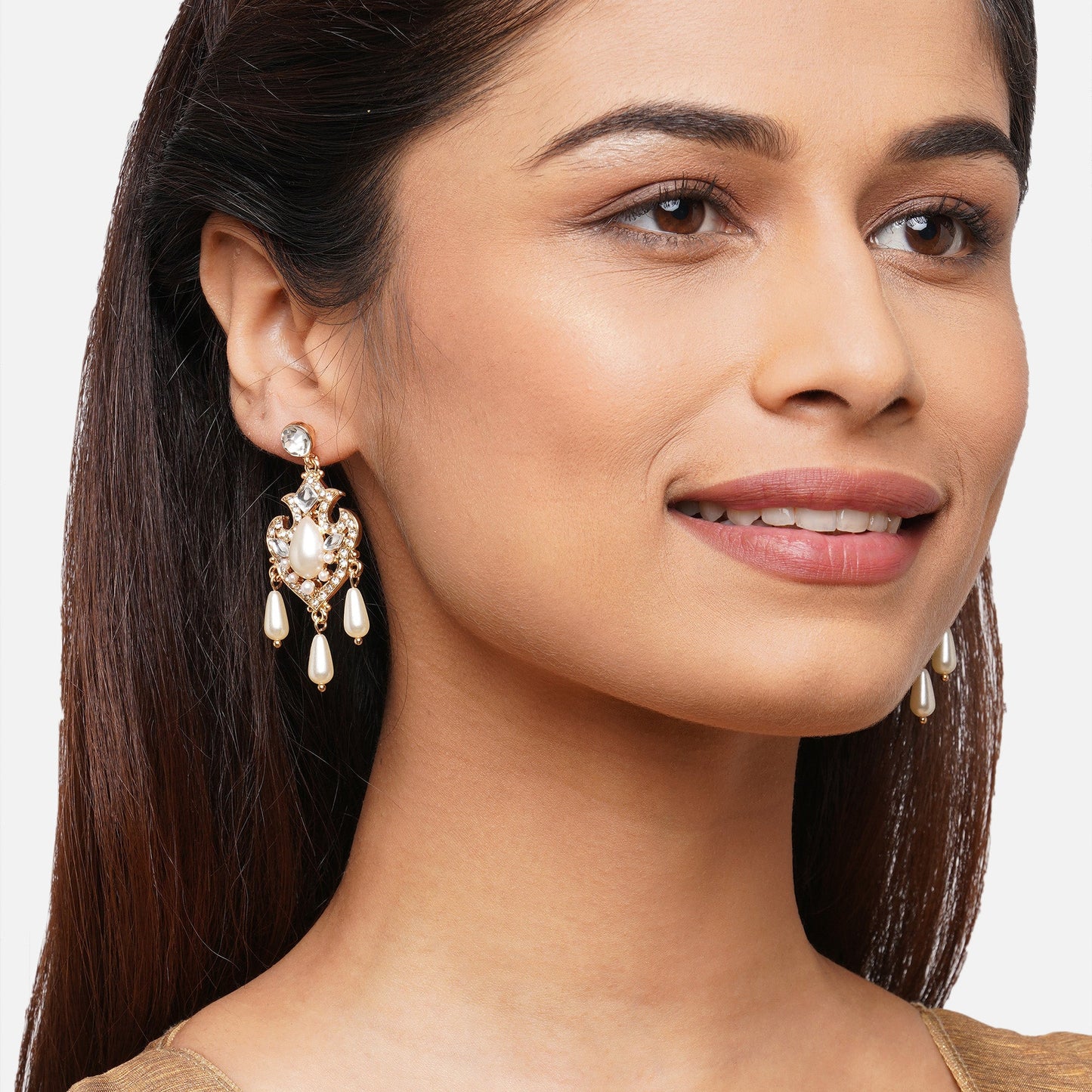 Gold Tear Drop Pearl Diamond Short Drop Earring