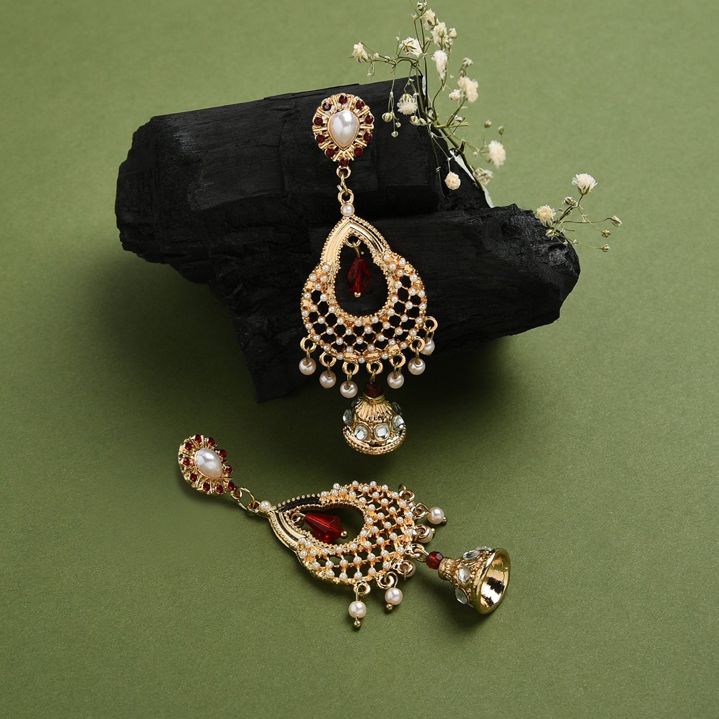 Gold Bead And Pearl Jhumkas Earring