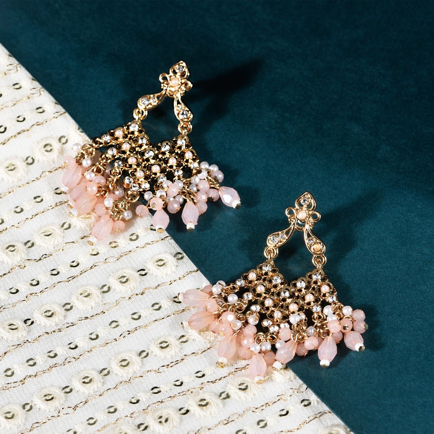 Gold Pink Stone-studded Beaded Long Drop Earrings