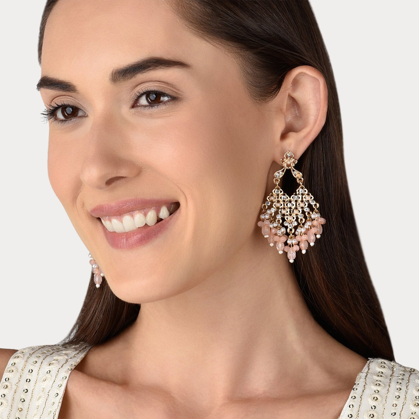 Gold Pink Stone-studded Beaded Long Drop Earrings