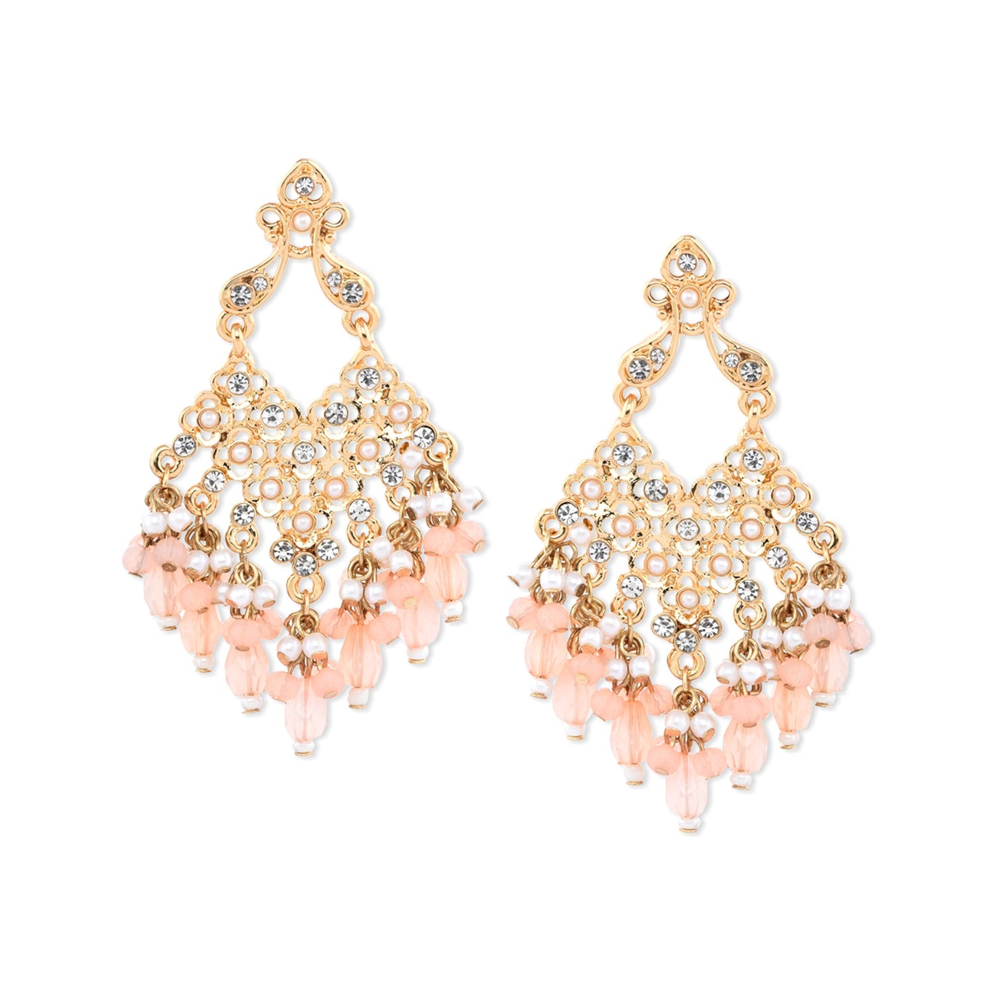 Gold Pink Stone-studded Beaded Long Drop Earrings
