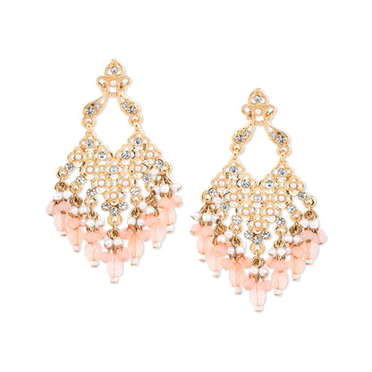 Gold Pink Stone-studded Beaded Long Drop Earrings