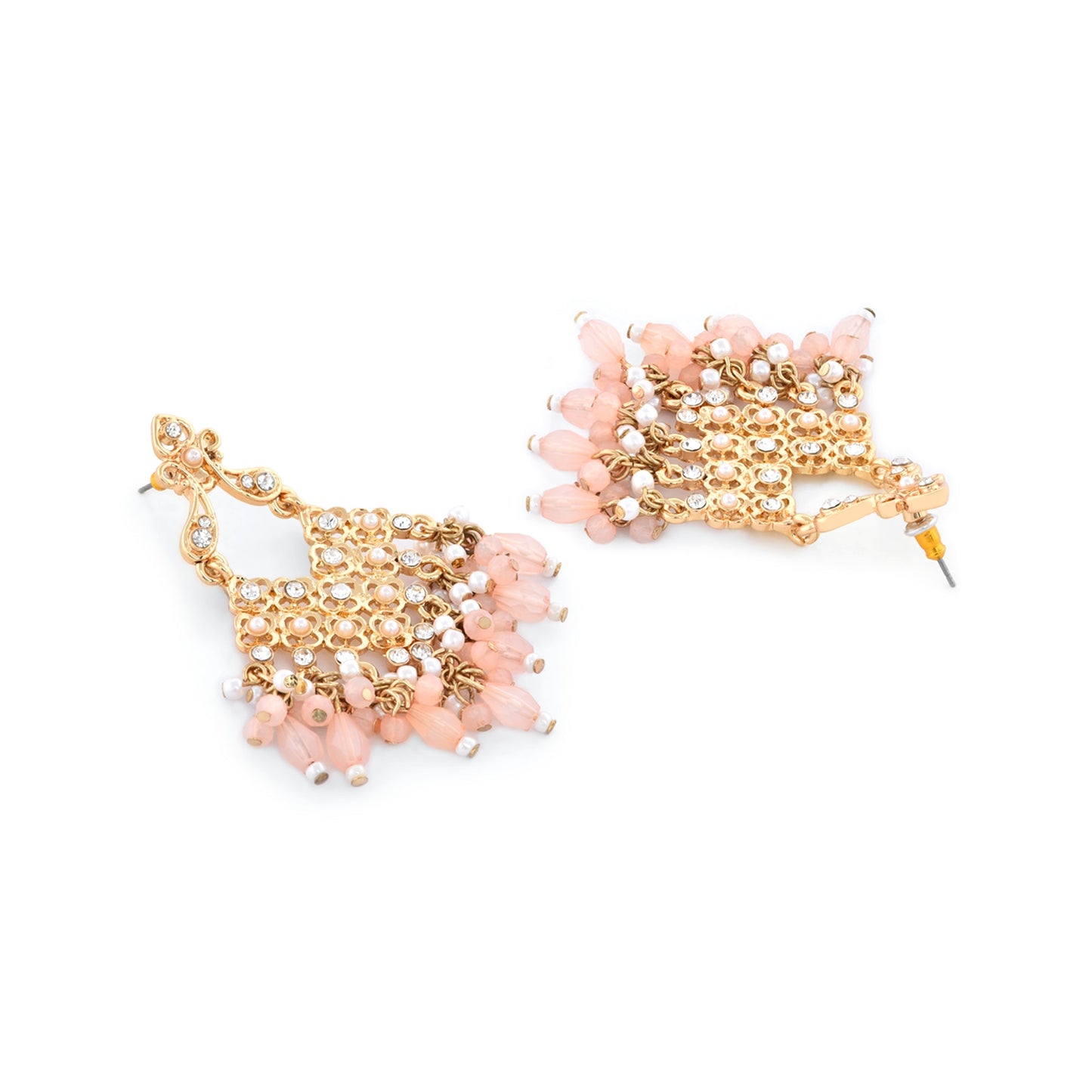 Gold Pink Stone-studded Beaded Long Drop Earrings