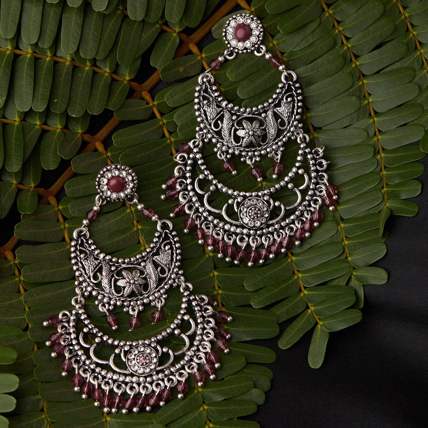 Mauve Oxidized Silver Chandbalis Earring