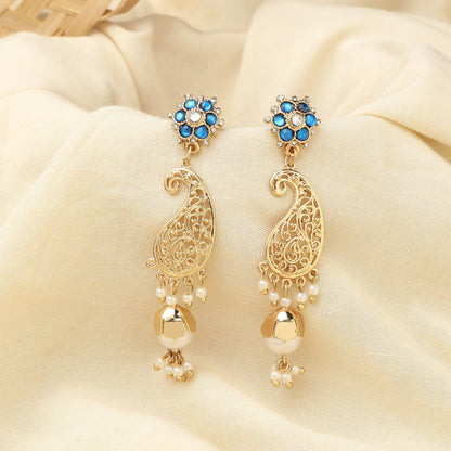 Gold Paisley Filigree Long Drop Earring