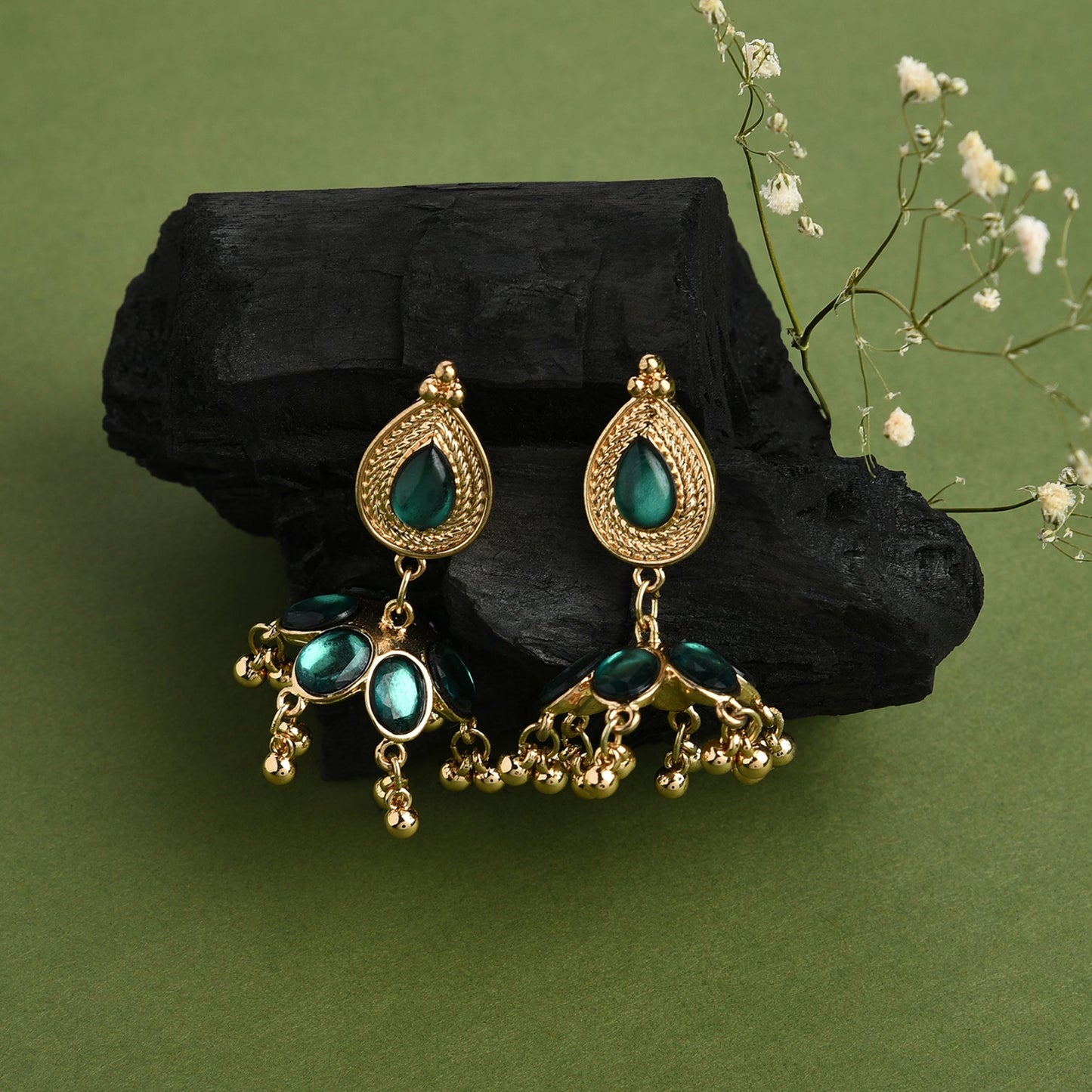 Green Kundan Jhumkas