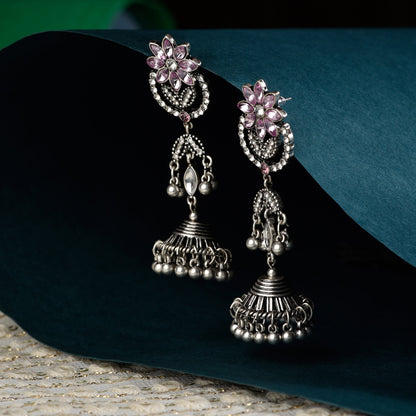 Pink Oxidized Silver Jhumkas