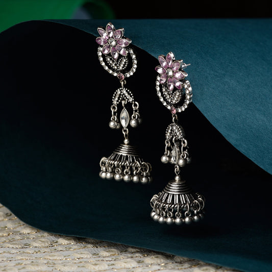 Pink Oxidized Silver Jhumkas