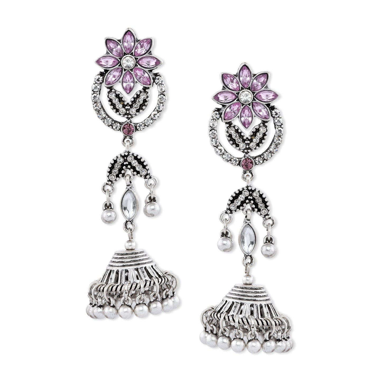 Pink Oxidized Silver Jhumkas