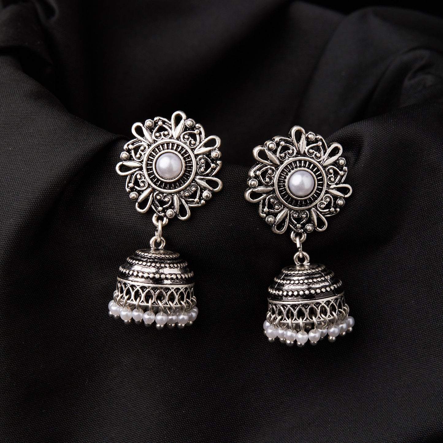 Pearl Oxidized Silver Jhumkas