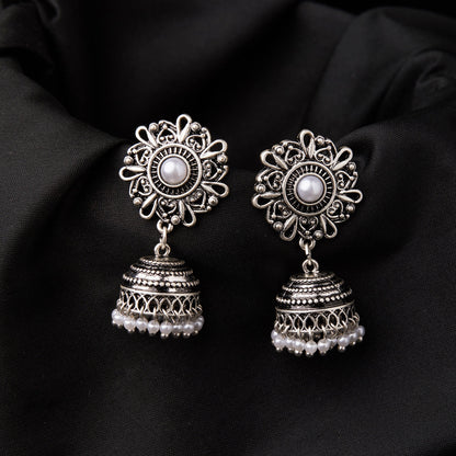 Pearl Oxidized Silver Jhumkas
