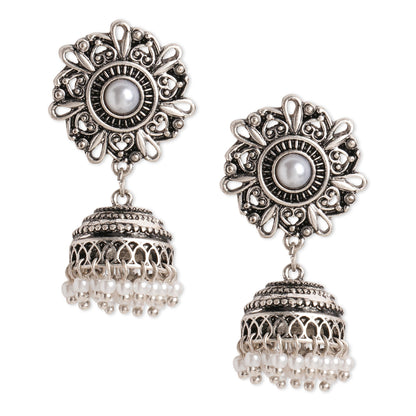 Pearl Oxidized Silver Jhumkas