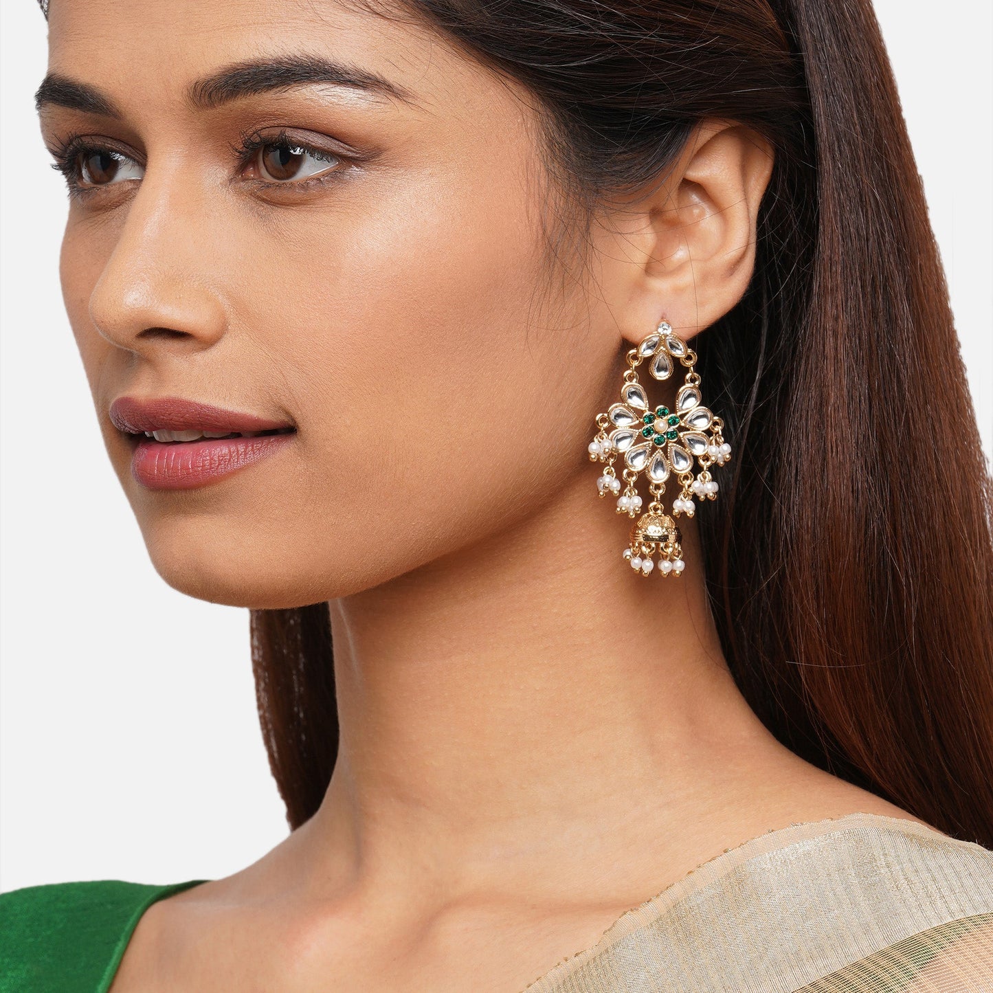 Gold Kundan And Pearl Jhumkas