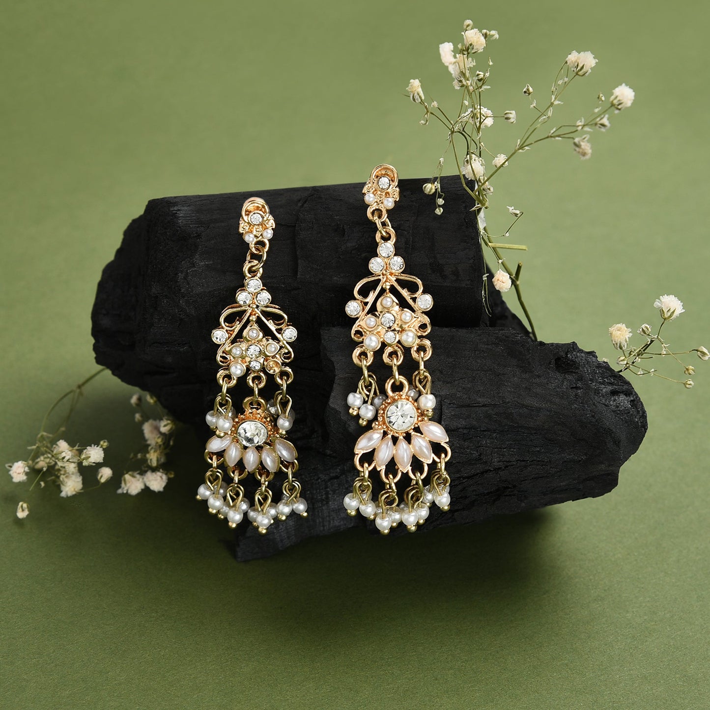 Gold And Pearl Long Drop Earring