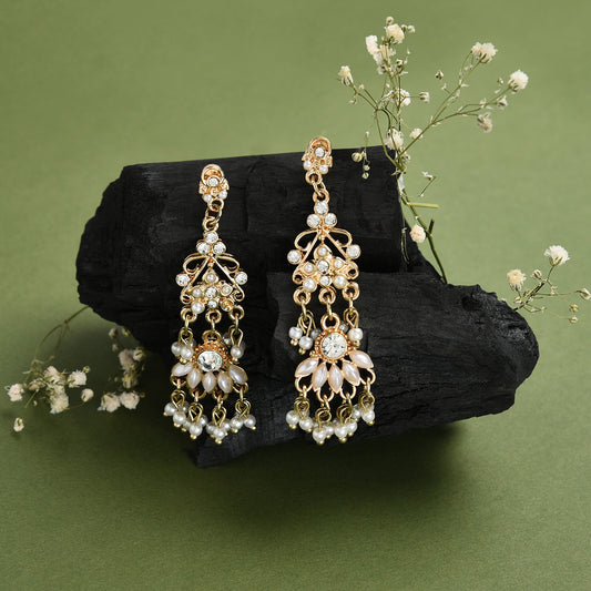 Gold And Pearl Long Drop Earring
