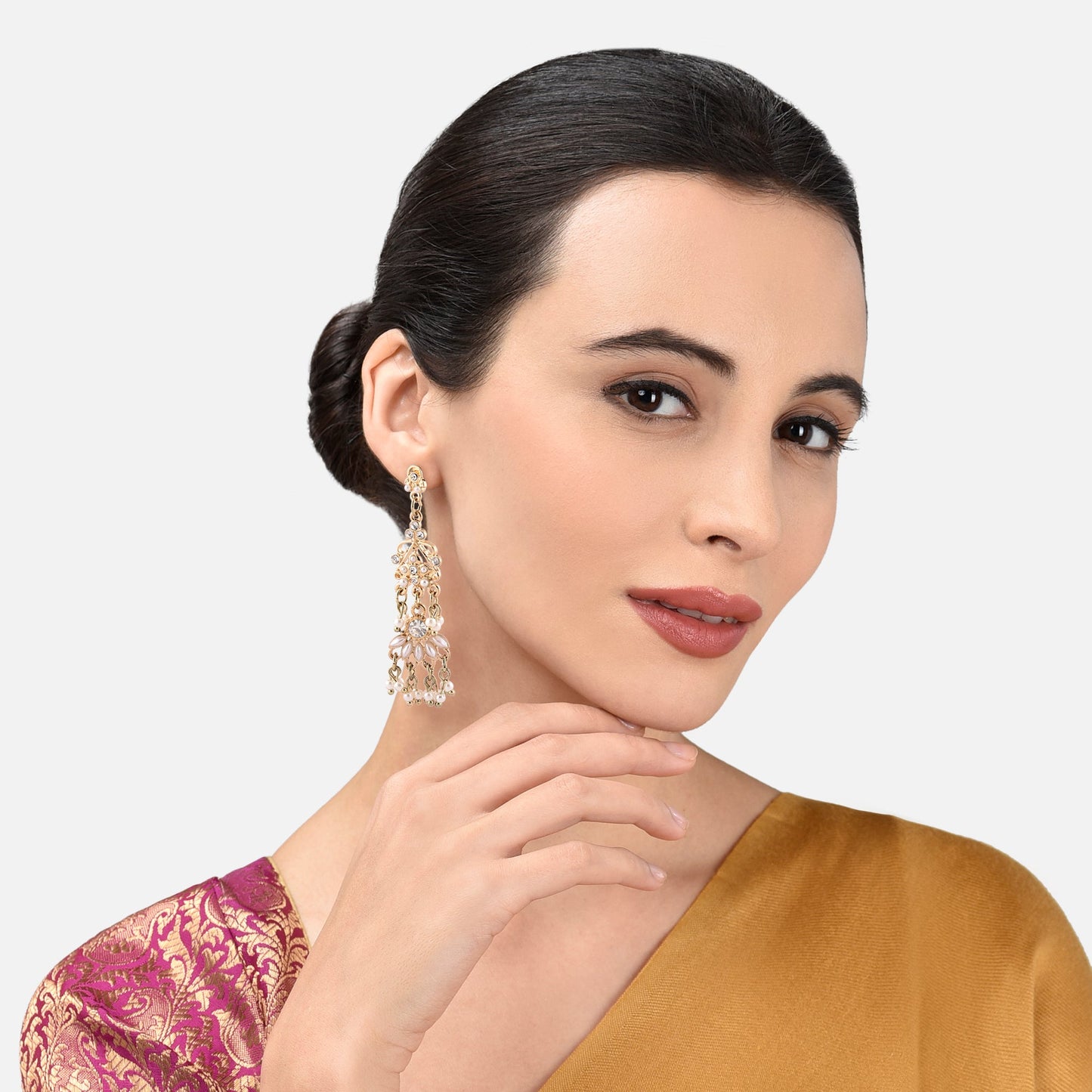 Gold And Pearl Long Drop Earring