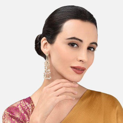 Gold And Pearl Long Drop Earring