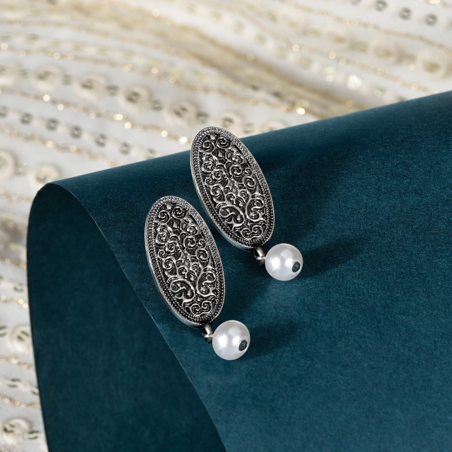 Silver Oxidised Pearl Drop Earring