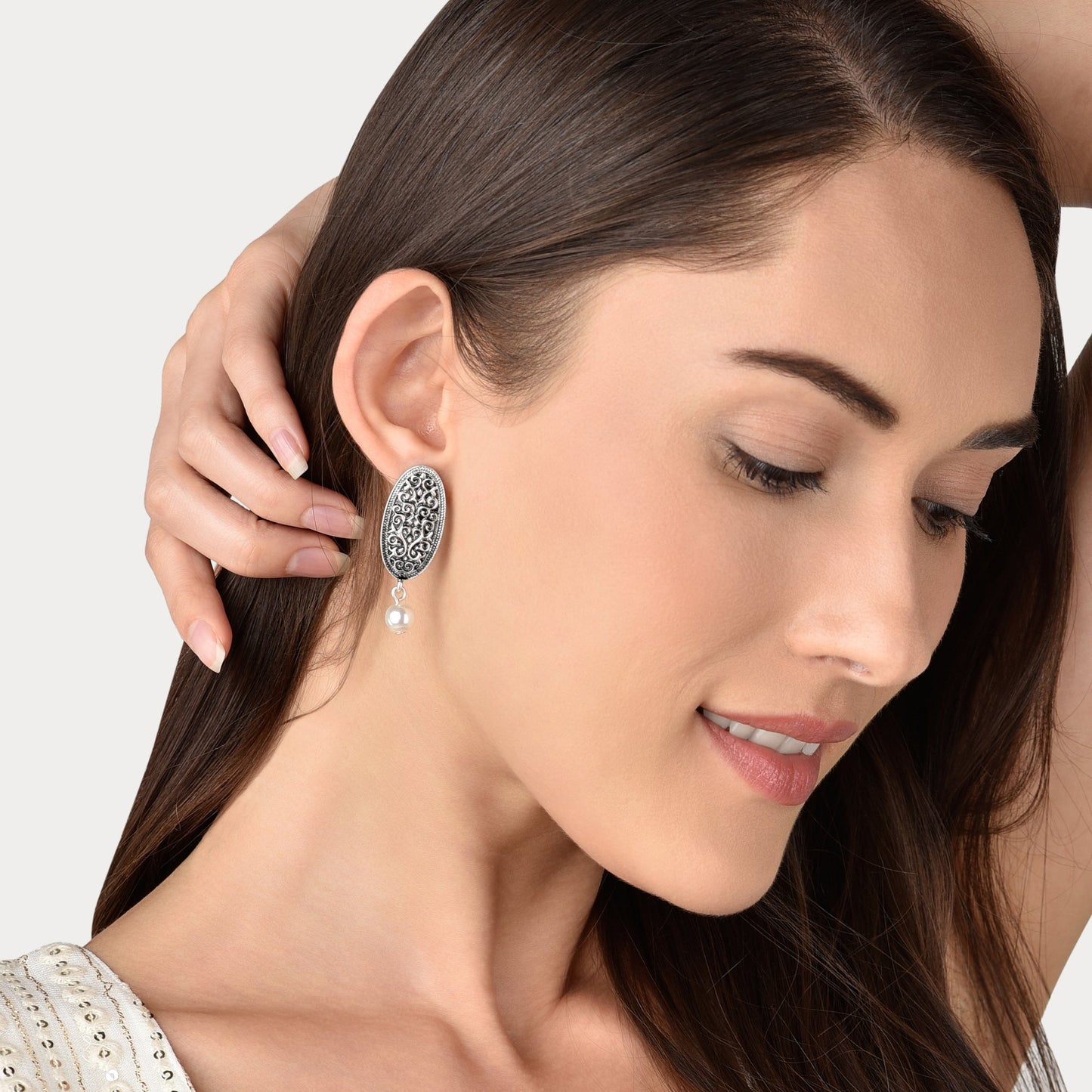 Silver Oxidised Pearl Drop Earring