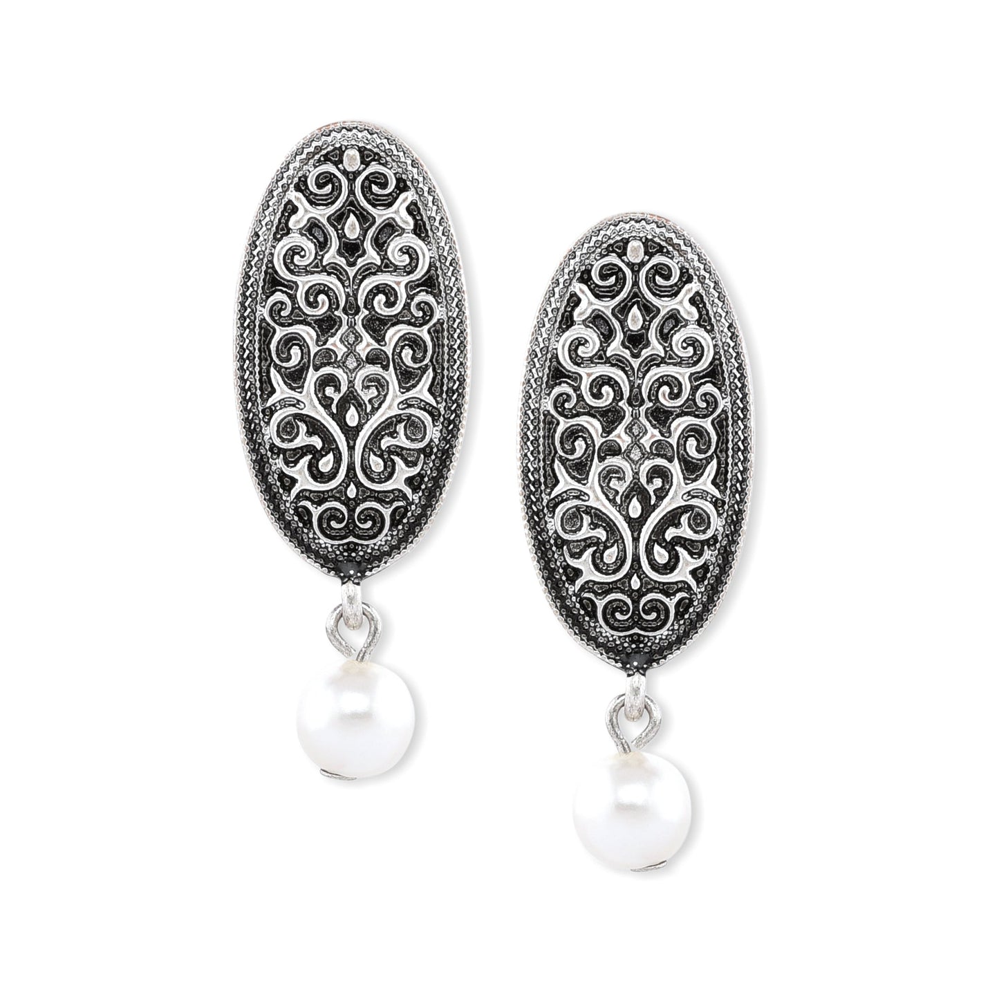 Silver Oxidised Pearl Drop Earring