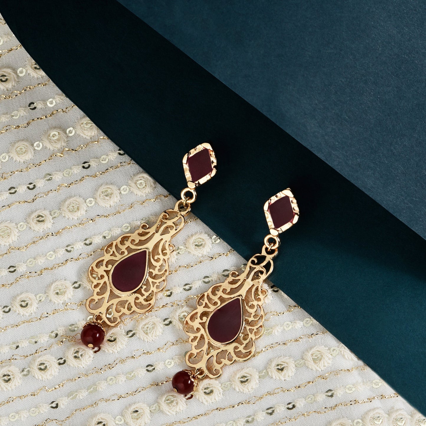 Red Filigree Long Drop Earrings